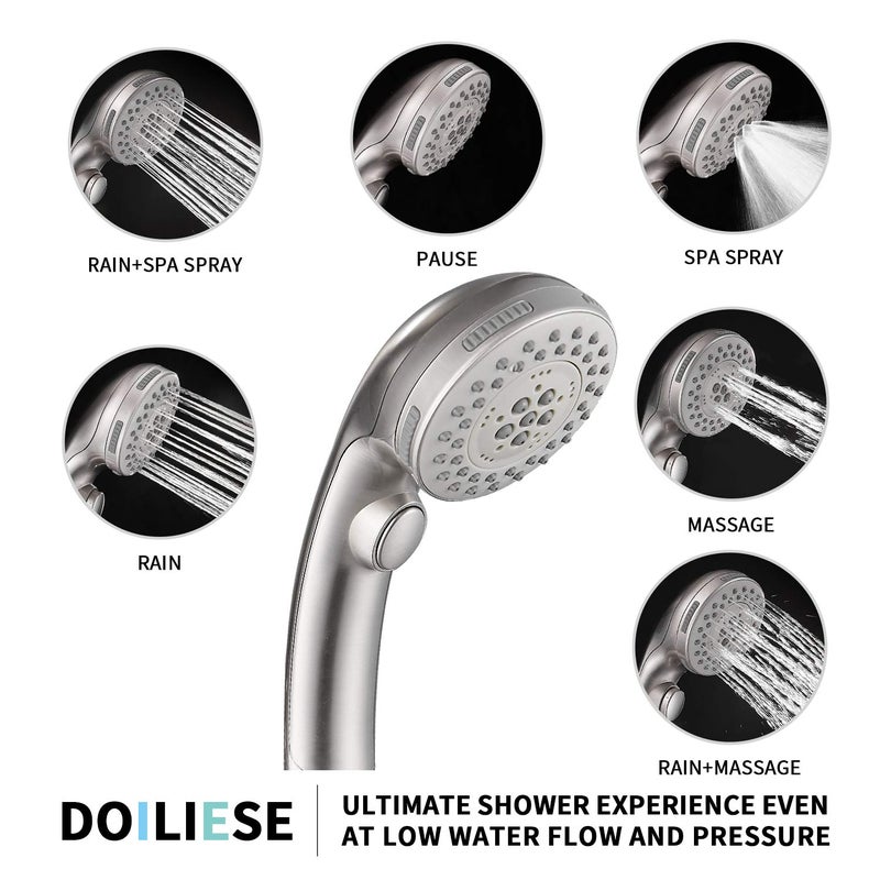 DOILIESE Shower Head, High Pressure 6 Setting Shower Head Hand-Held with ON/OFF Switch and Spa Spray Mode - Shower Heads with Handheld Spray High Pressure - Brushed Nickel - Image 2